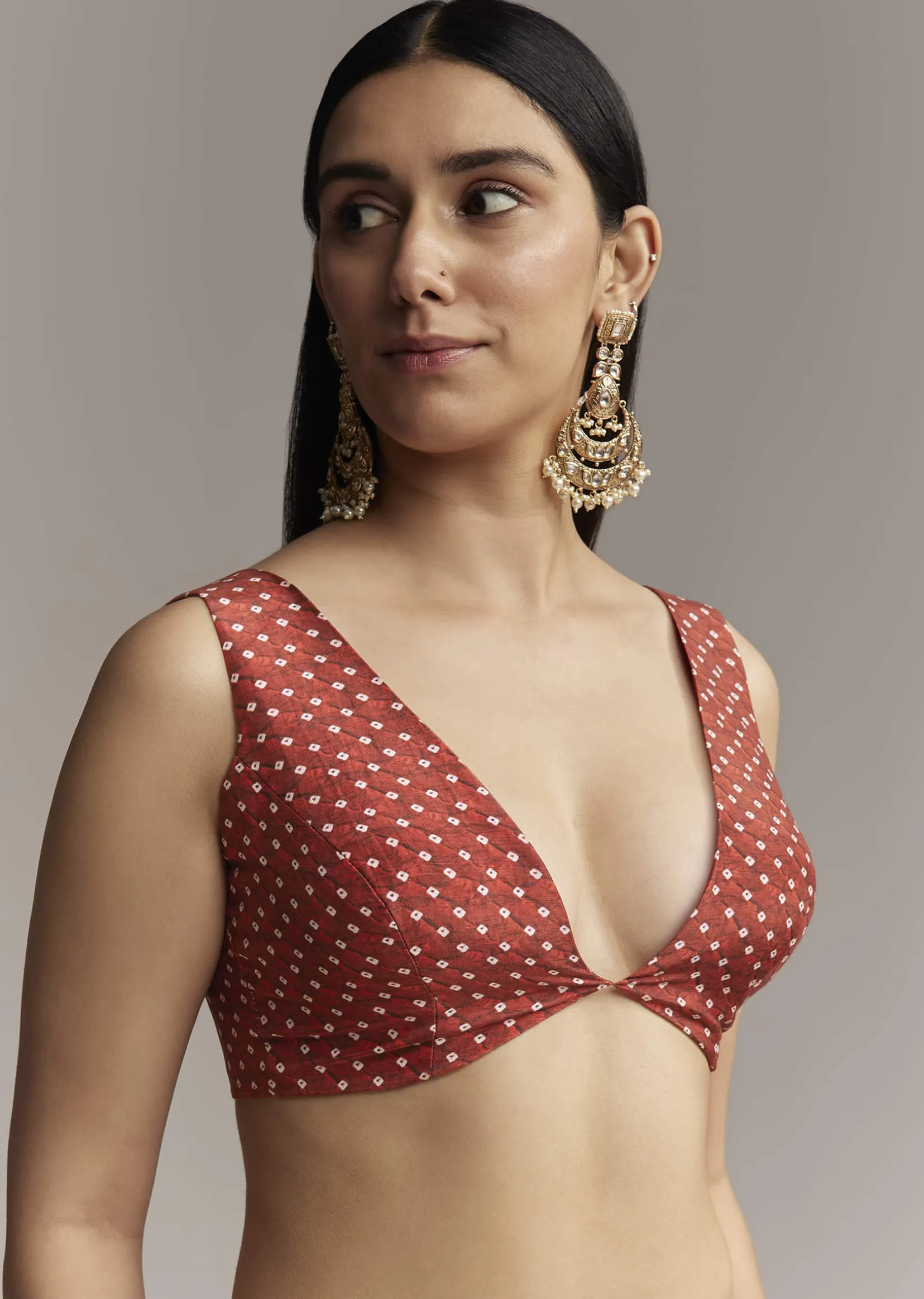 Red Ombre Satin Saree With Geometric Print And Gota Border