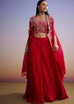 Red Organza Crop Top And Skirt Set With Embroidered Cape