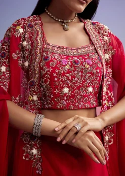 Red Organza Crop Top And Skirt Set With Embroidered Cape