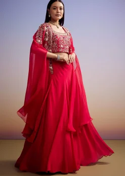 Red Organza Crop Top And Skirt Set With Embroidered Cape