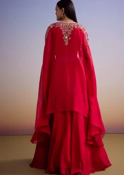 Red Organza Crop Top And Skirt Set With Embroidered Cape