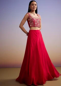 Red Organza Crop Top And Skirt Set With Embroidered Cape