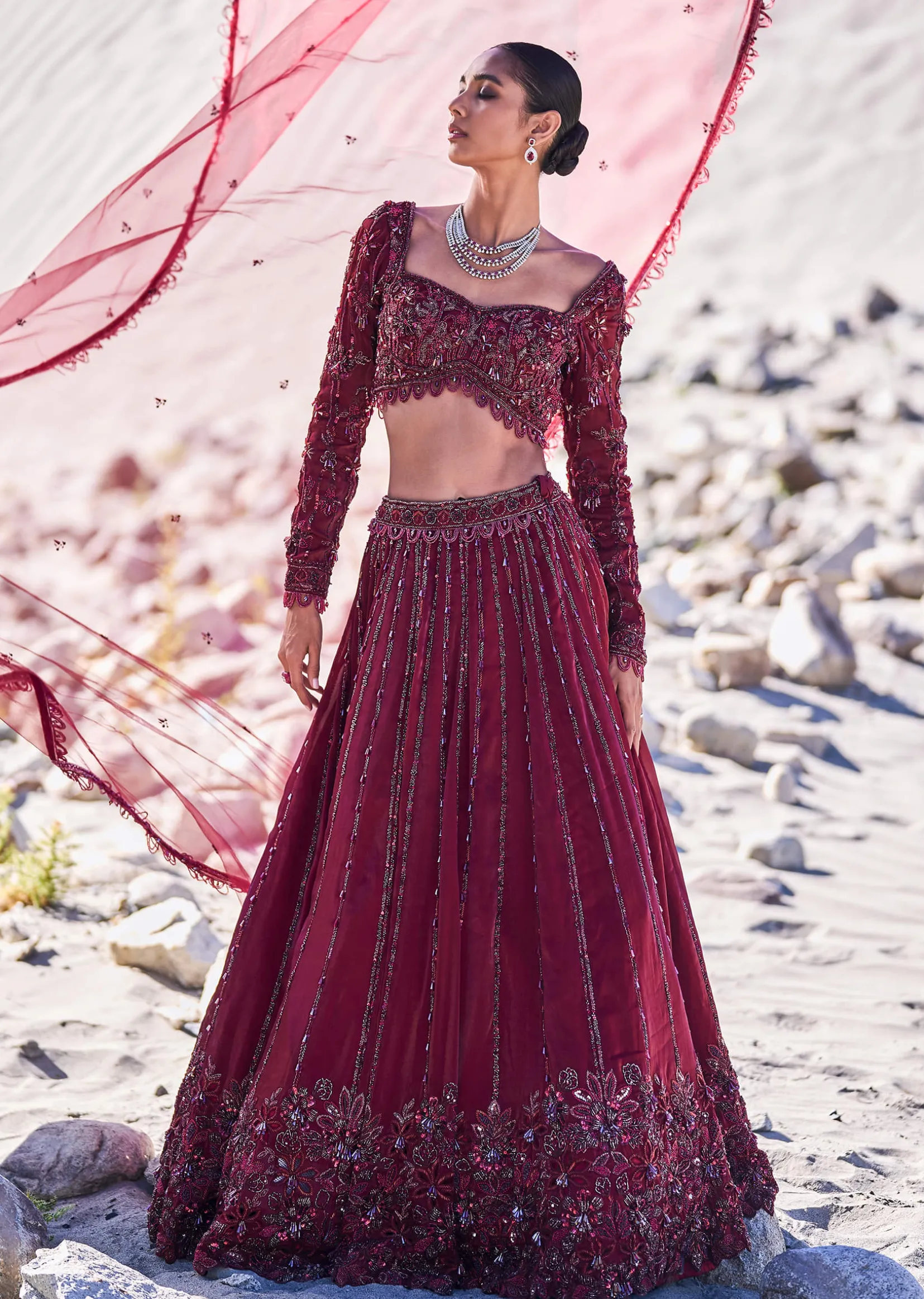 Red Organza Embroidered 12 Kali Lehenga And Blouse With Dupatta