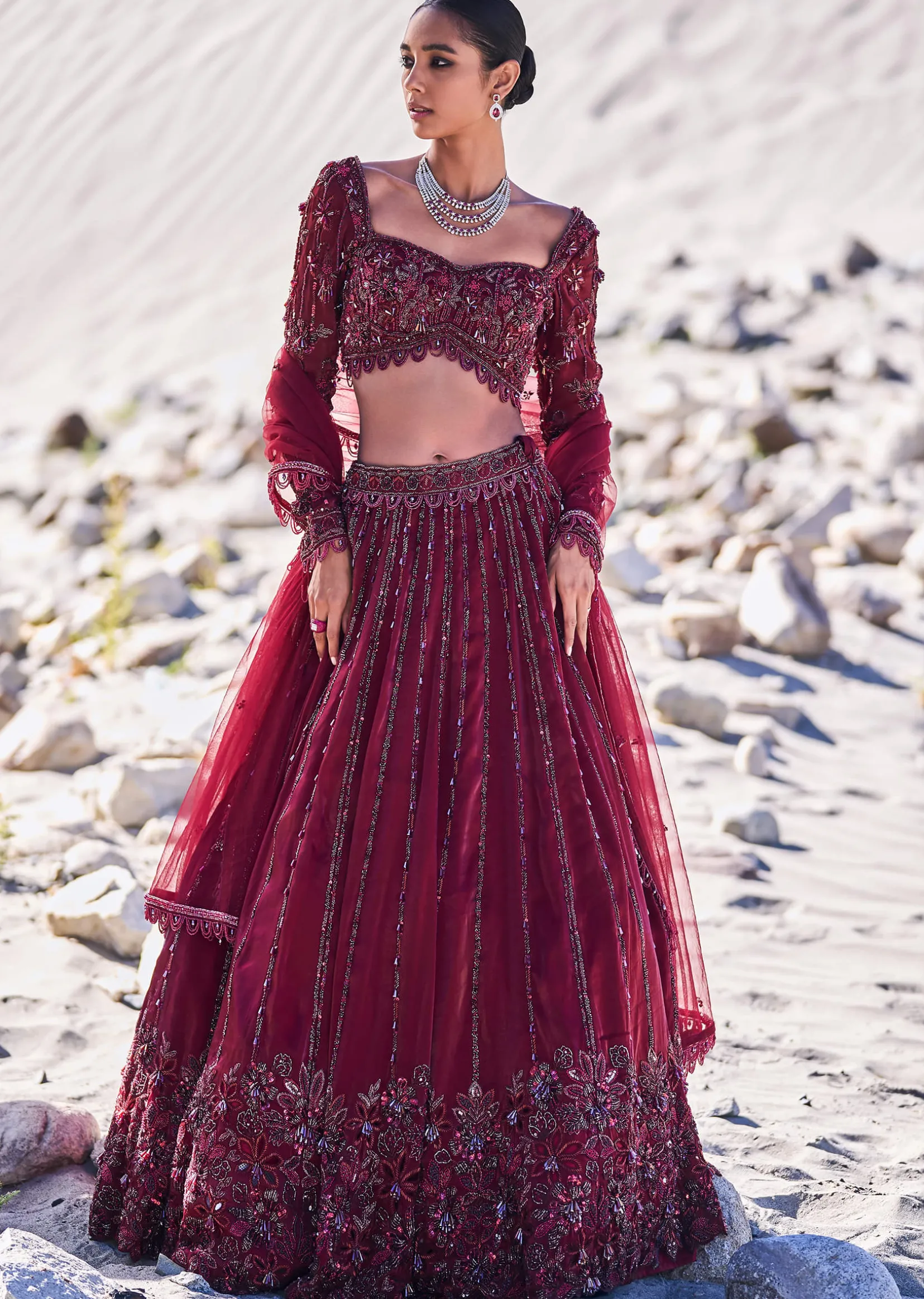 Red Organza Embroidered 12 Kali Lehenga And Blouse With Dupatta