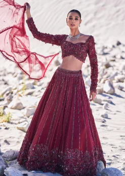 Red Organza Embroidered 12 Kali Lehenga And Blouse With Dupatta