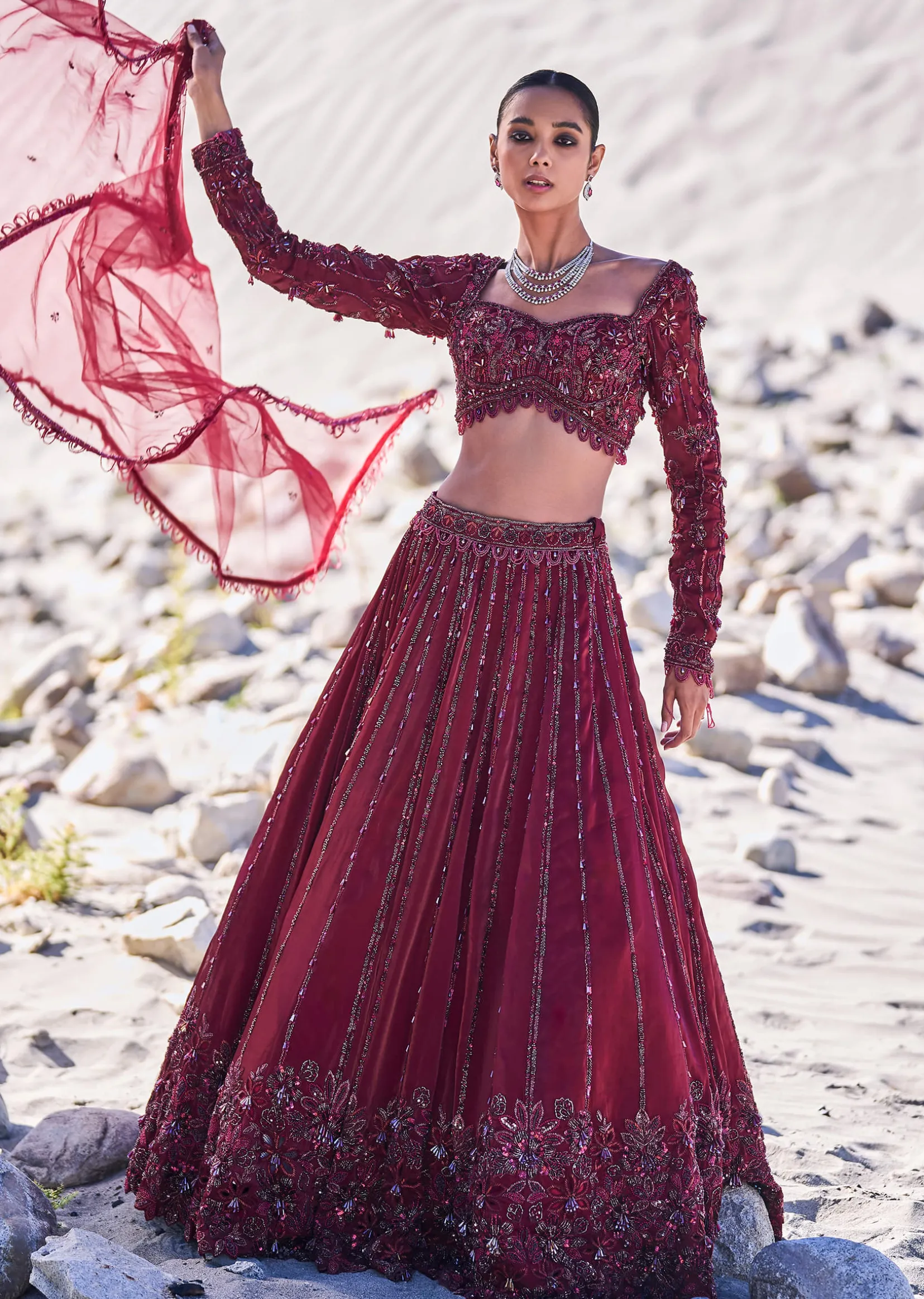 Red Organza Embroidered 12 Kali Lehenga And Blouse With Dupatta