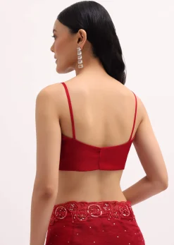 Red Organza Saree In Sequins With Unstitched Blouse
