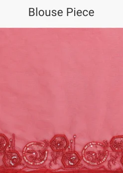 Red Organza Saree In Sequins With Unstitched Blouse