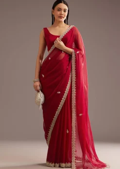 Red Organza Saree With Cutdana And Sequins Border