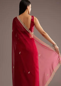 Red Organza Saree With Cutdana And Sequins Border