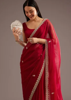 Red Organza Saree With Cutdana And Sequins Border