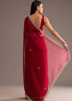 Red Organza Saree With Cutdana And Sequins Border