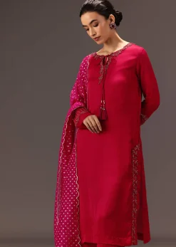 Red Organza Satin Hand Embroidered Kurta Set