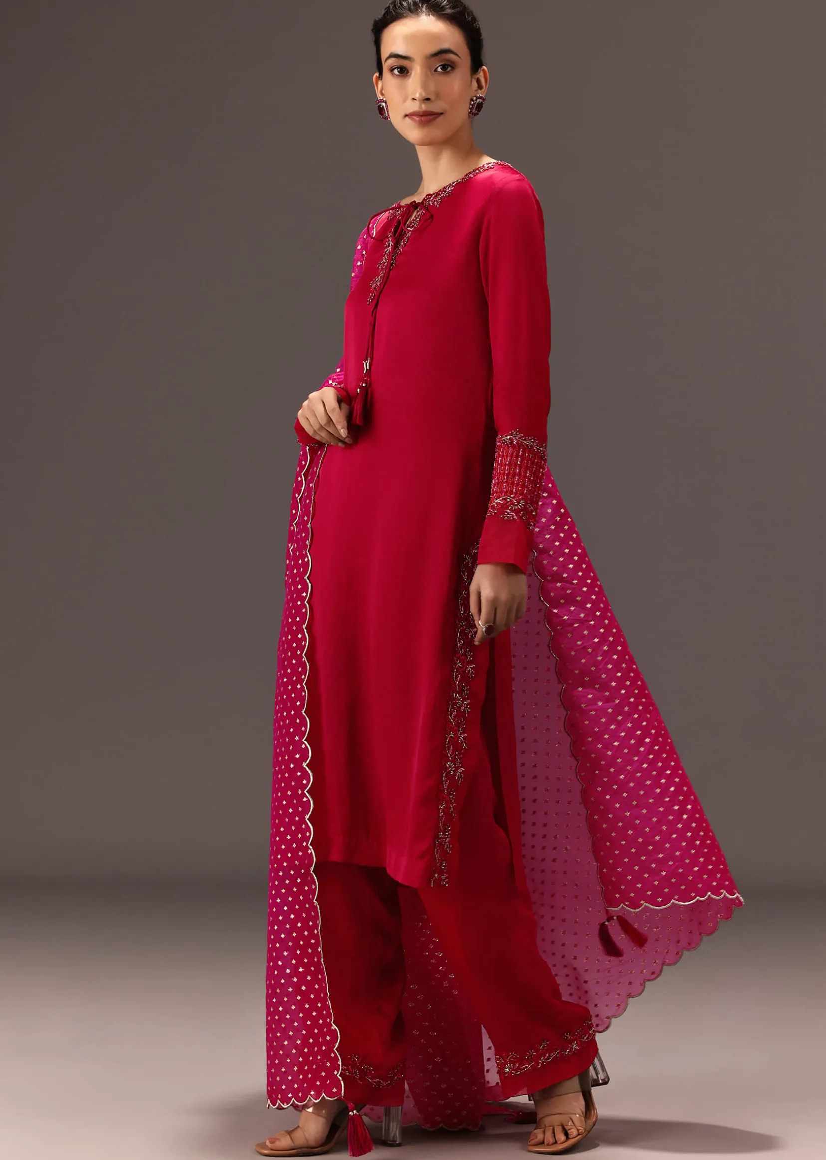 Red Organza Satin Hand Embroidered Kurta Set