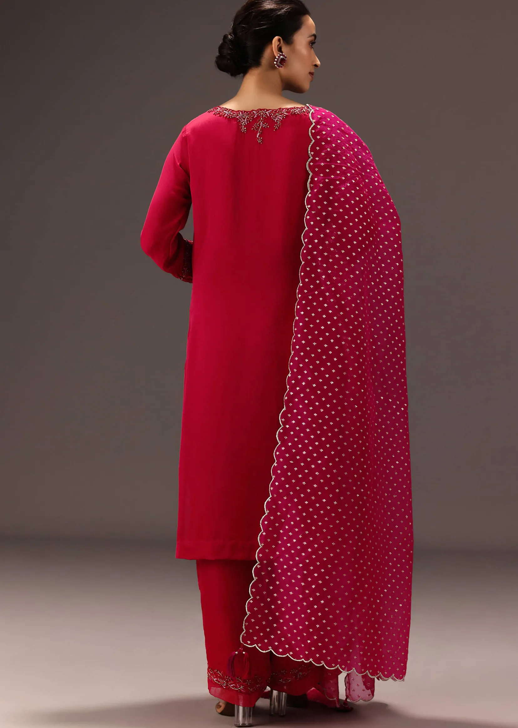 Red Organza Satin Hand Embroidered Kurta Set
