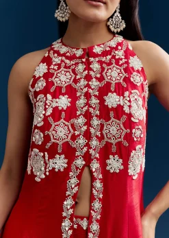 Red Palazzo Suit With Mirror And Moti Work Front Slit Kurta