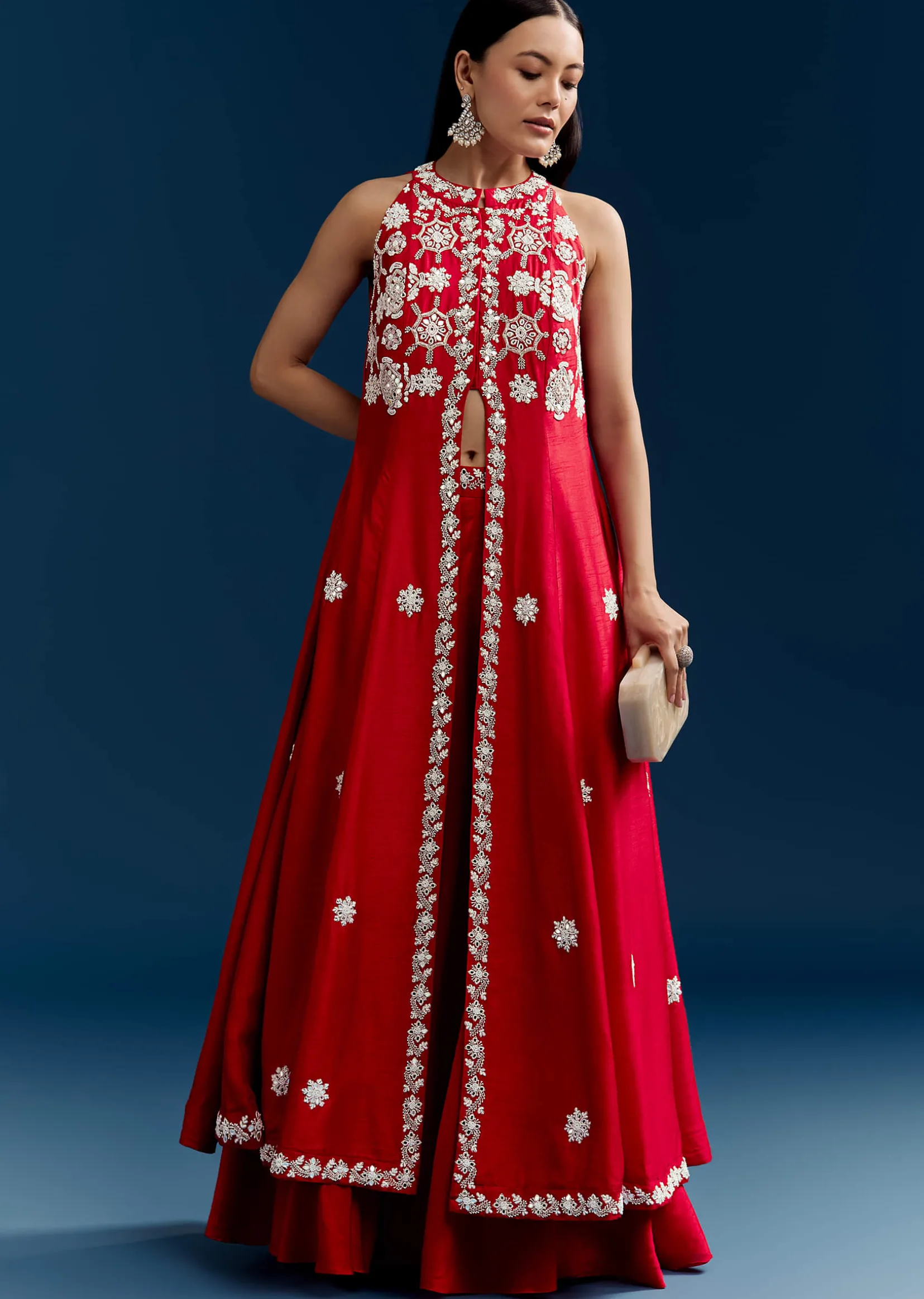 Red Palazzo Suit With Mirror And Moti Work Front Slit Kurta