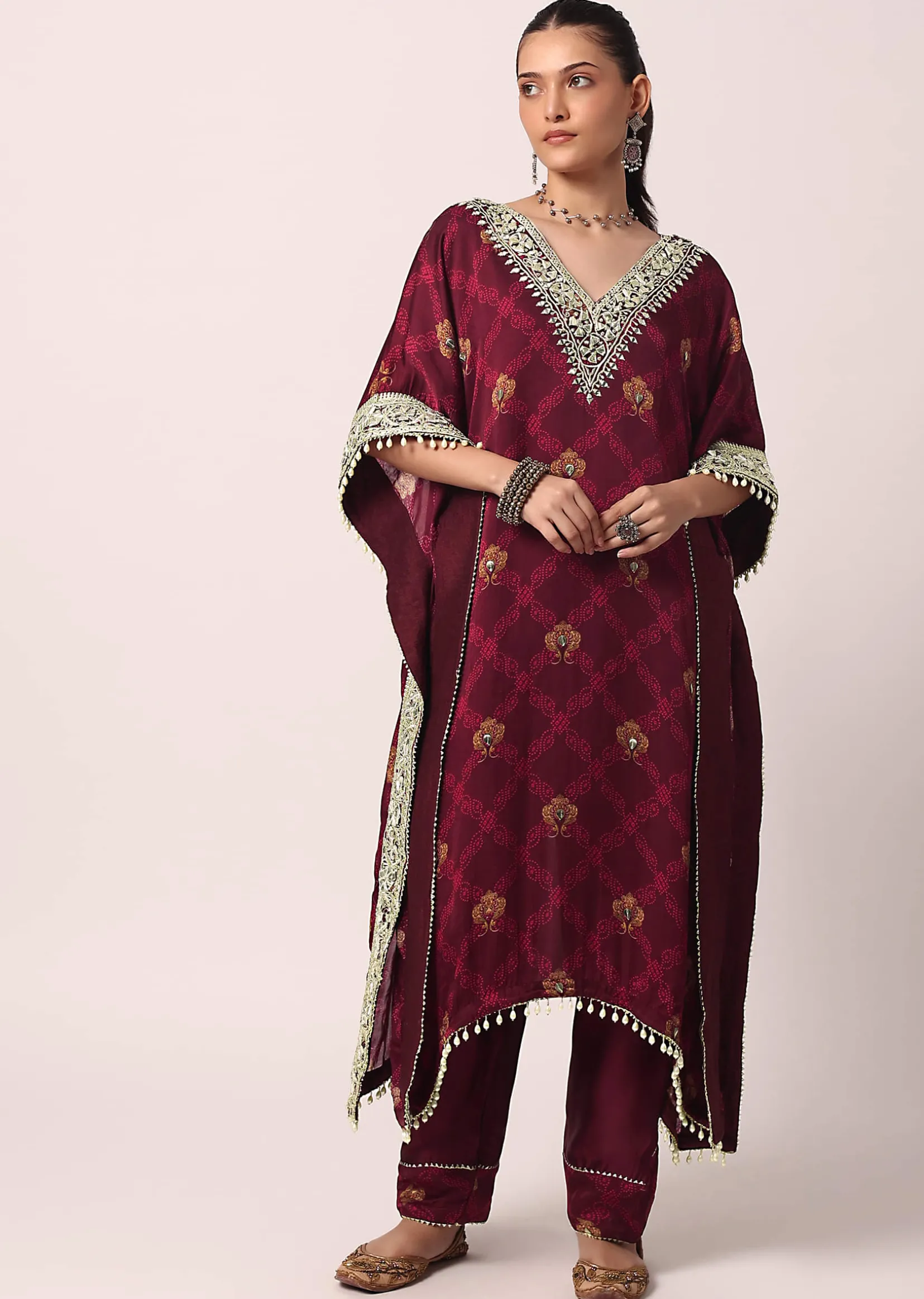 Red Pant Set With Gota Patti Kaftan Kurta