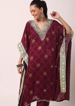 Red Pant Set With Gota Patti Kaftan Kurta