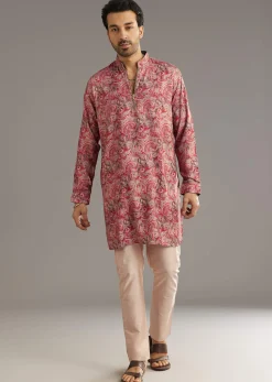 Red Pashmina Silk Zipper Kurta Set With Paisley Swirl Print