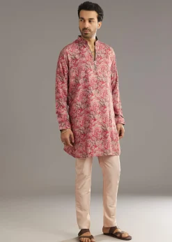 Red Pashmina Silk Zipper Kurta Set With Paisley Swirl Print