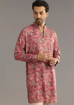 Red Pashmina Silk Zipper Kurta Set With Paisley Swirl Print