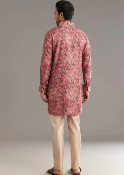 Red Pashmina Silk Zipper Kurta Set With Paisley Swirl Print