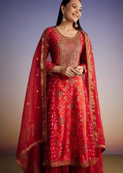 Red Patola And Bandhani Print Kurta Set With Banarasi Dupatta