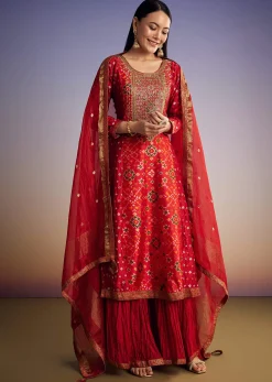 Red Patola And Bandhani Print Kurta Set With Banarasi Dupatta