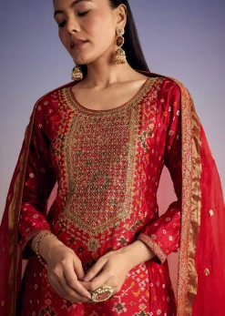 Red Patola And Bandhani Print Kurta Set With Banarasi Dupatta