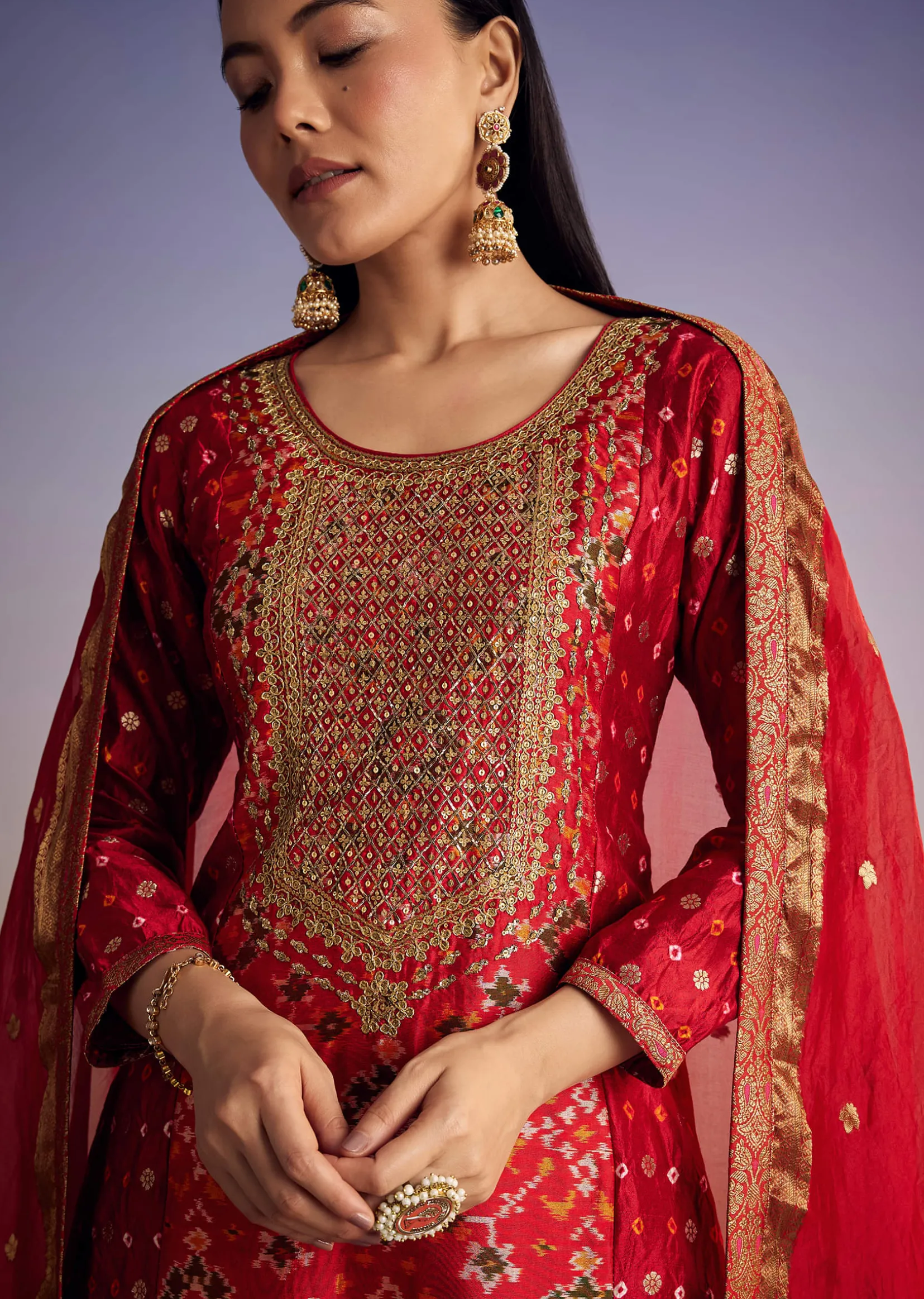 Red Patola And Bandhani Print Kurta Set With Banarasi Dupatta