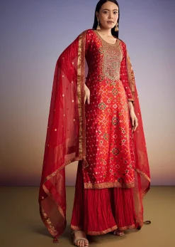 Red Patola And Bandhani Print Kurta Set With Banarasi Dupatta