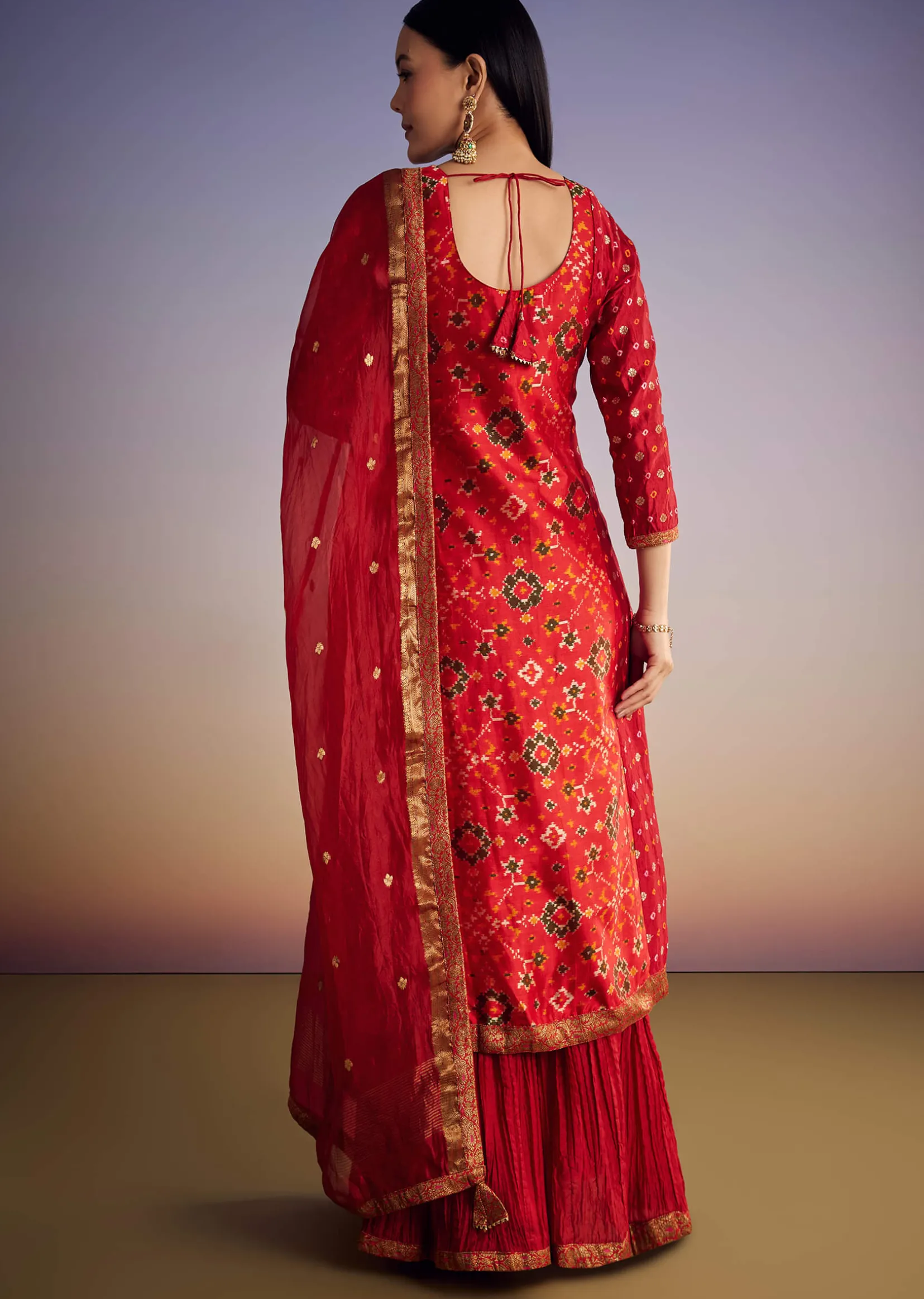 Red Patola And Bandhani Print Kurta Set With Banarasi Dupatta