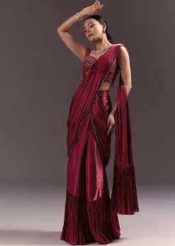 Red Pre Stitched Saree With Sleeveless V Neck Blouse