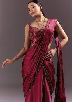 Red Pre Stitched Saree With Sleeveless V Neck Blouse