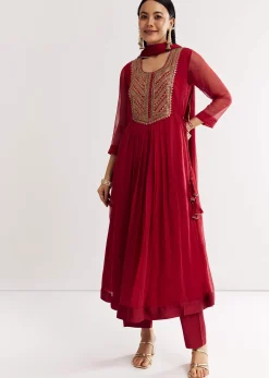 Red Printed Chiffon Sequin Kurta Set With Dupatta
