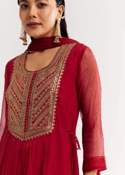 Red Printed Chiffon Sequin Kurta Set With Dupatta