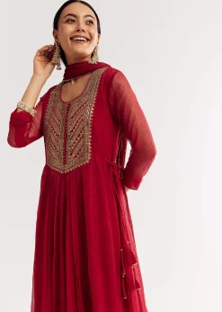 Red Printed Chiffon Sequin Kurta Set With Dupatta