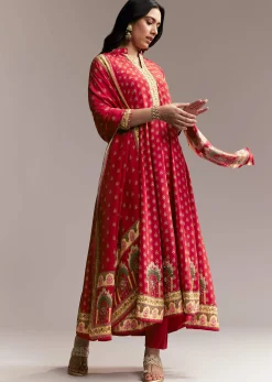 Red Printed Crepe Anarkali Set