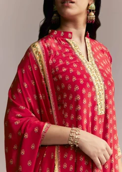 Red Printed Crepe Anarkali Set