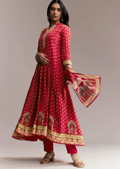 Red Printed Crepe Anarkali Set