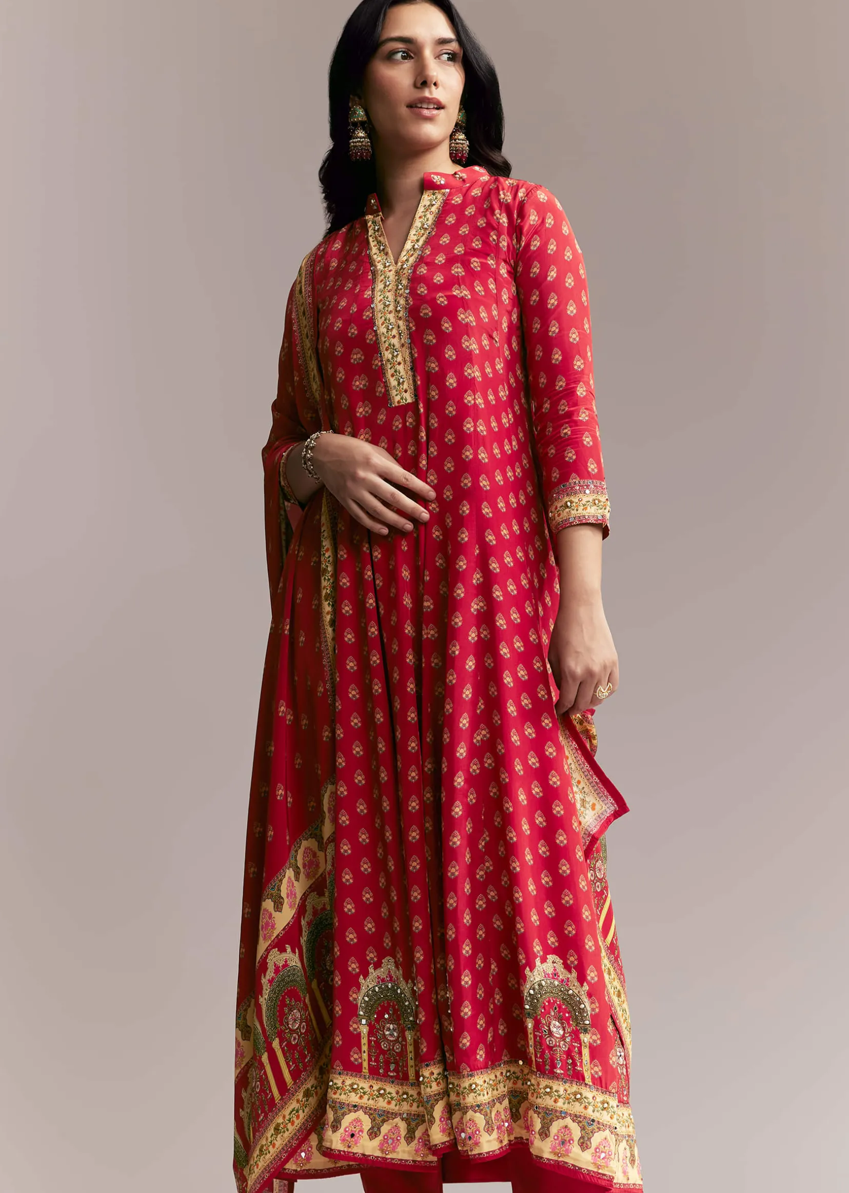 Red Printed Crepe Anarkali Set