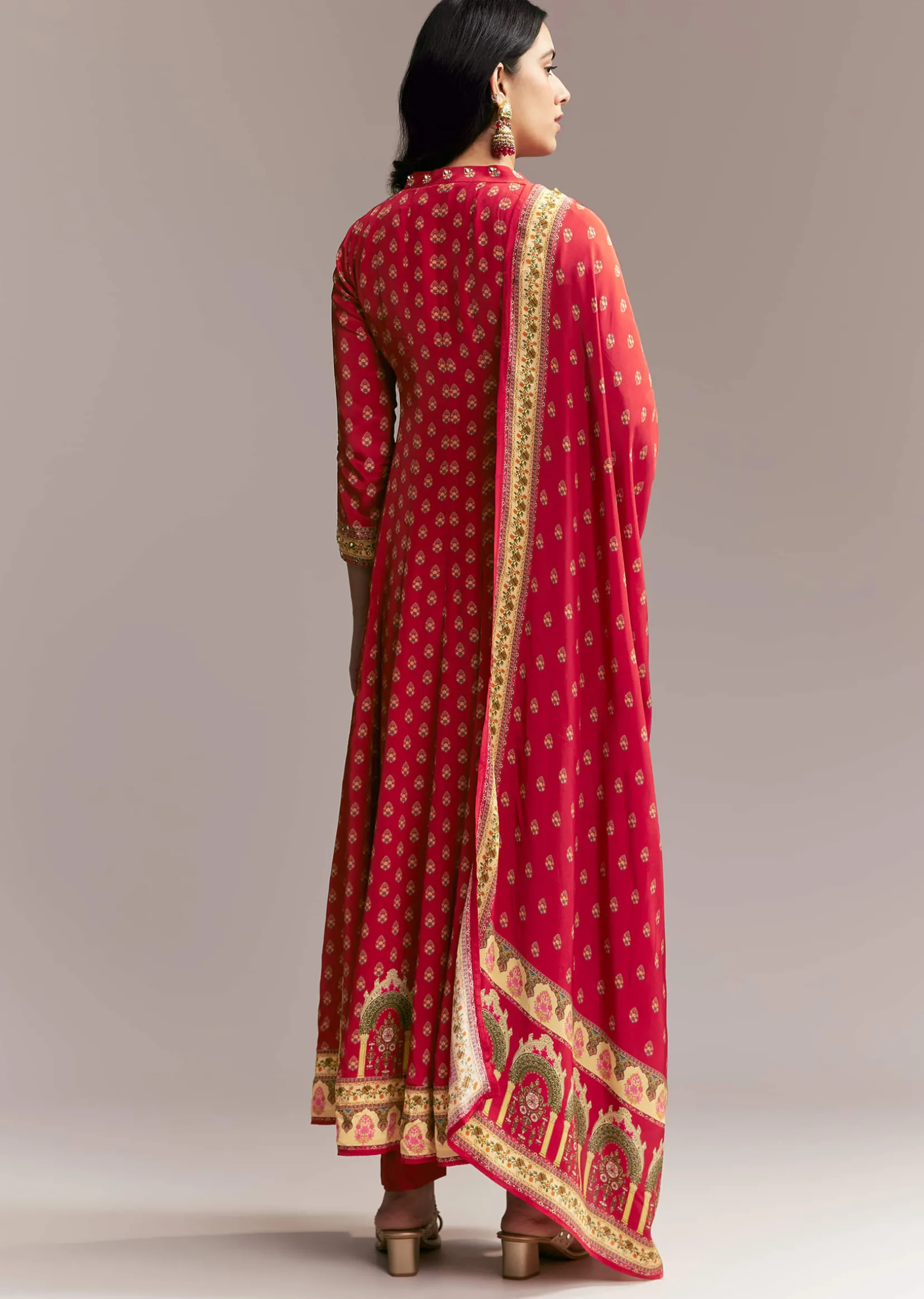 Red Printed Crepe Anarkali Set