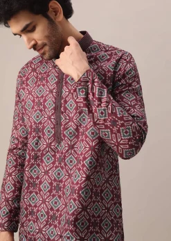 Red Printed Kurta Set In Silk
