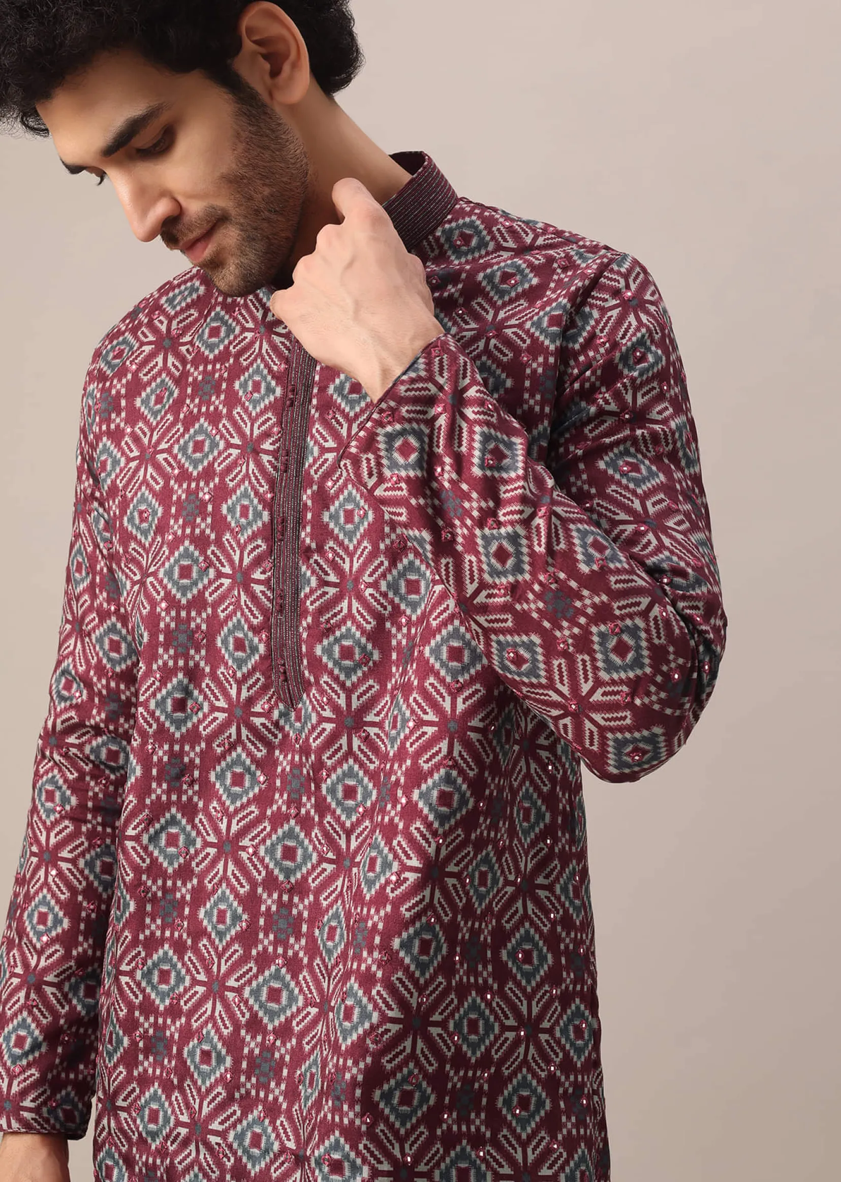 Red Printed Kurta Set In Silk