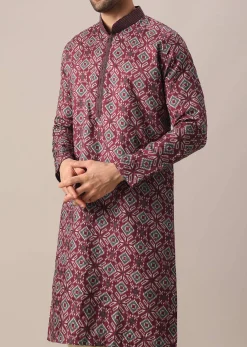 Red Printed Kurta Set In Silk
