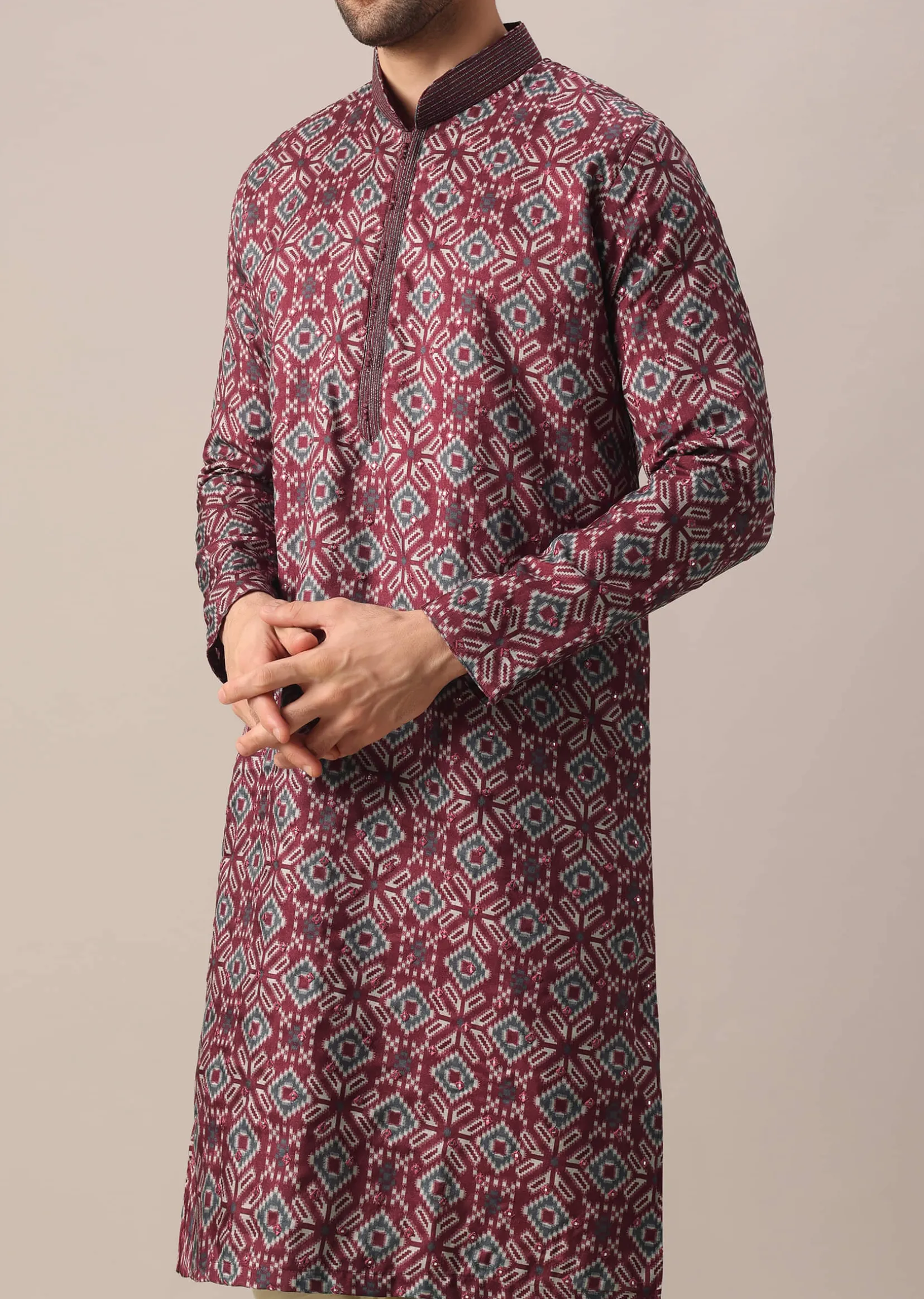 Red Printed Kurta Set In Silk