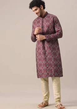 Red Printed Kurta Set In Silk