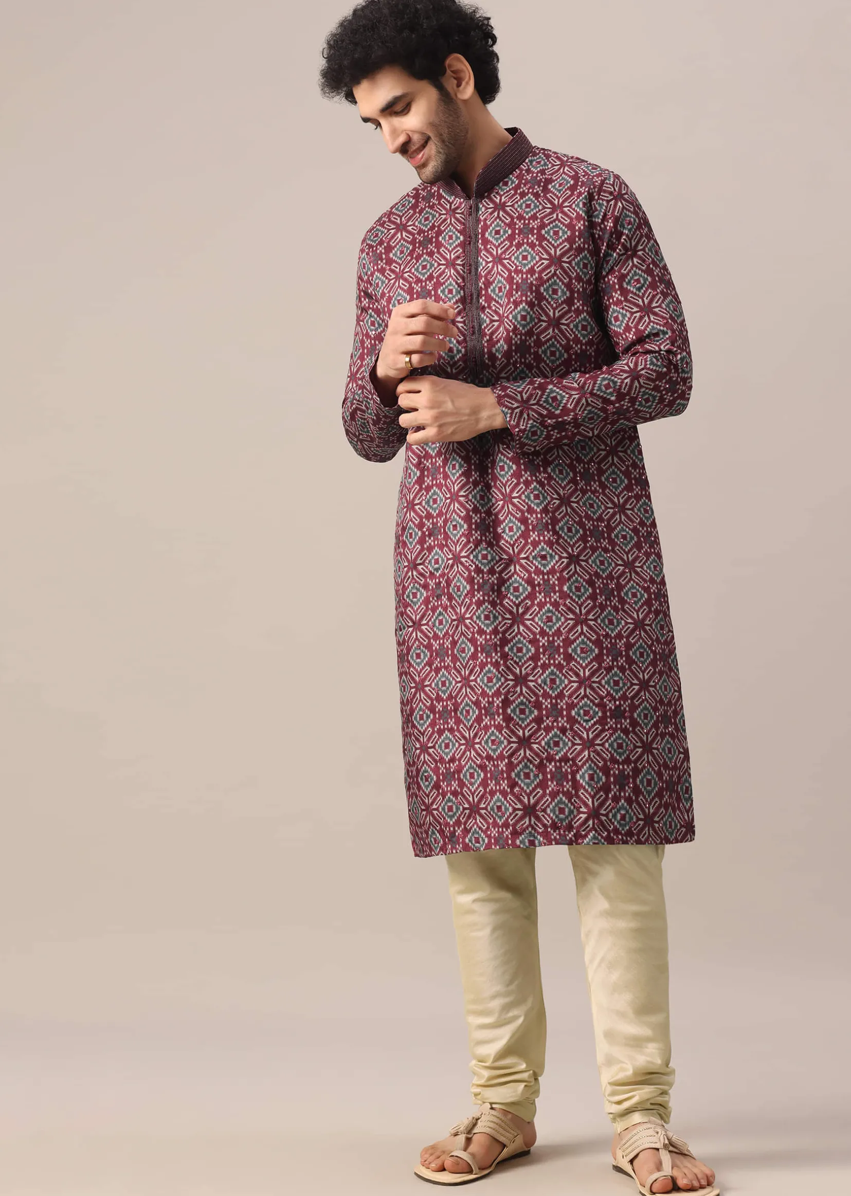 Red Printed Kurta Set In Silk