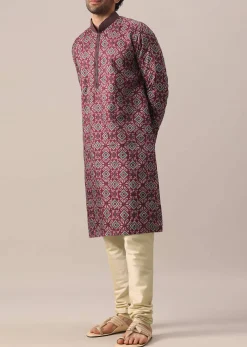 Red Printed Kurta Set In Silk